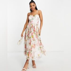 LACE & BEADS
Corset Tulle Midi Dress In Soft Floral-multi Size 8